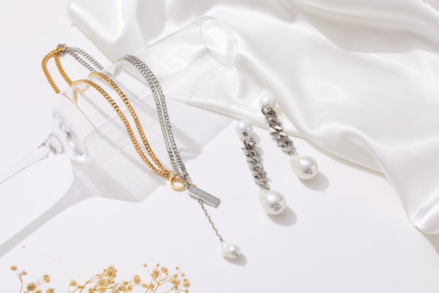 Silver Chain Baroque Pearl Drop Earrings - Classicharms