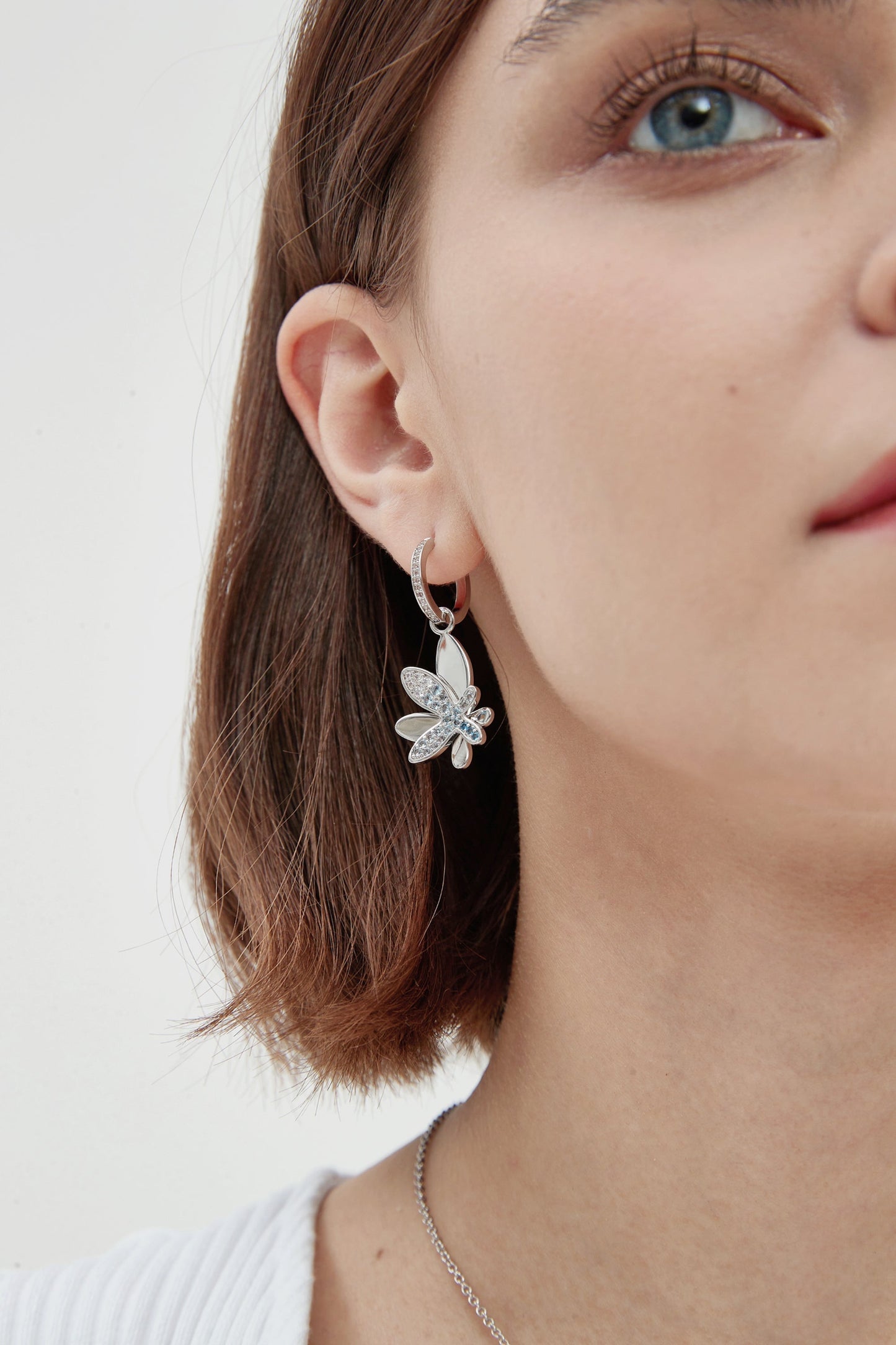 Silver Gradient Blue Pav¨¦ Diamond Butterfly Dangle Drop Hoop Earrings - Classicharms