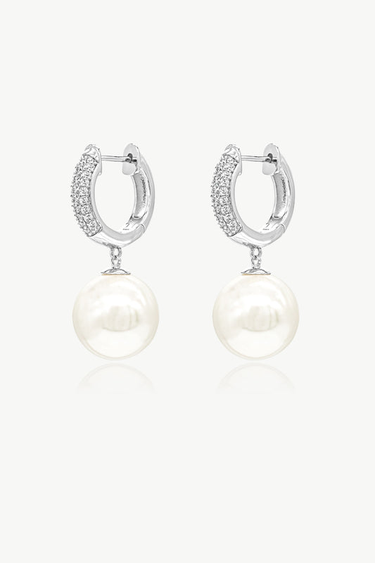 Silver Pav¨¦ Huggie Hoop Solitaire Pearl Drop Earrings - Classicharms