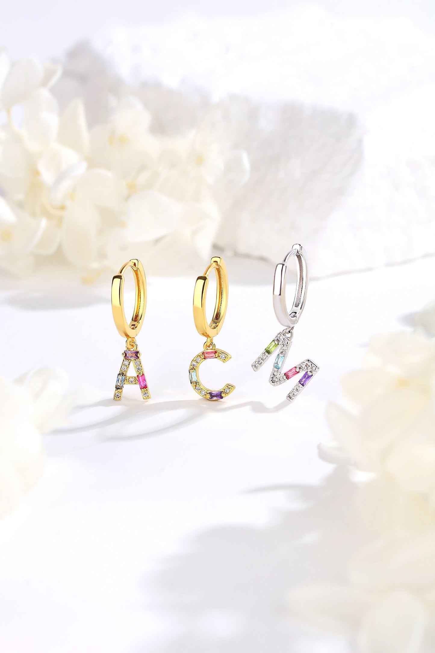 Single Silver Pav¨¦ Initial Charm Drop Huggie Hoop Earring - Classicharms