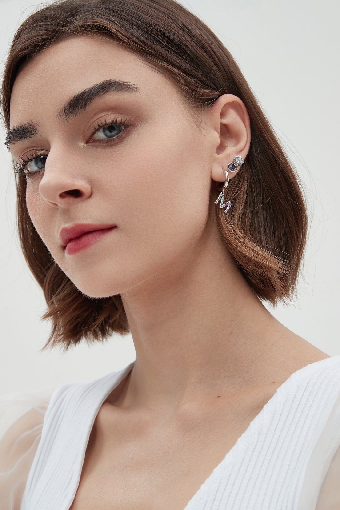 Single Silver Pav¨¦ Initial Charm Drop Huggie Hoop Earring - Classicharms