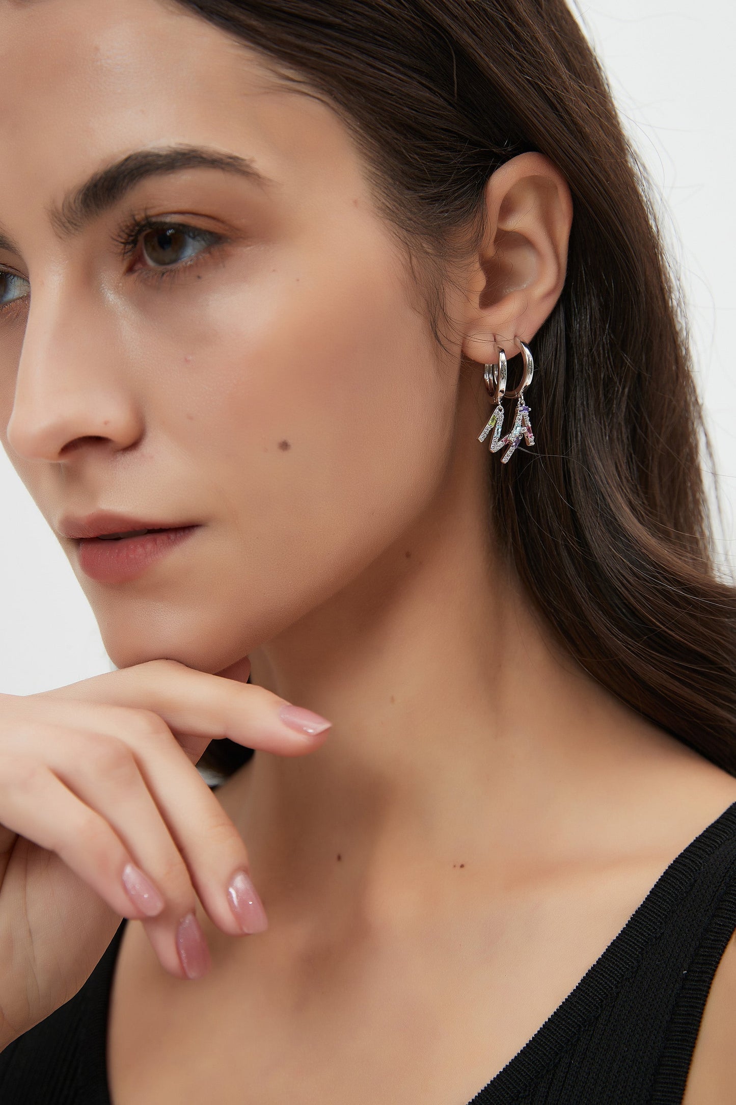 Single Silver Pav¨¦ Initial Charm Drop Huggie Hoop Earring - Classicharms