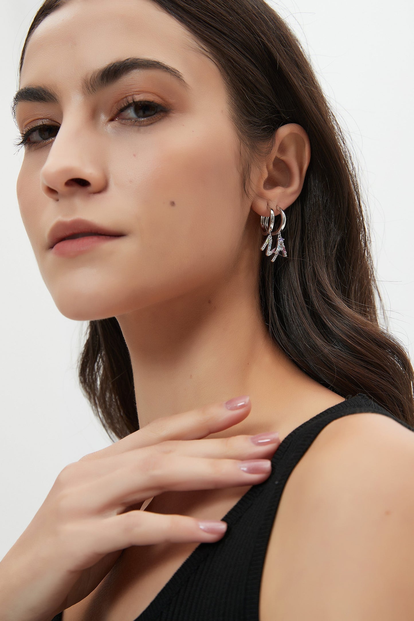 Single Silver Pav¨¦ Initial Charm Drop Huggie Hoop Earring - Classicharms