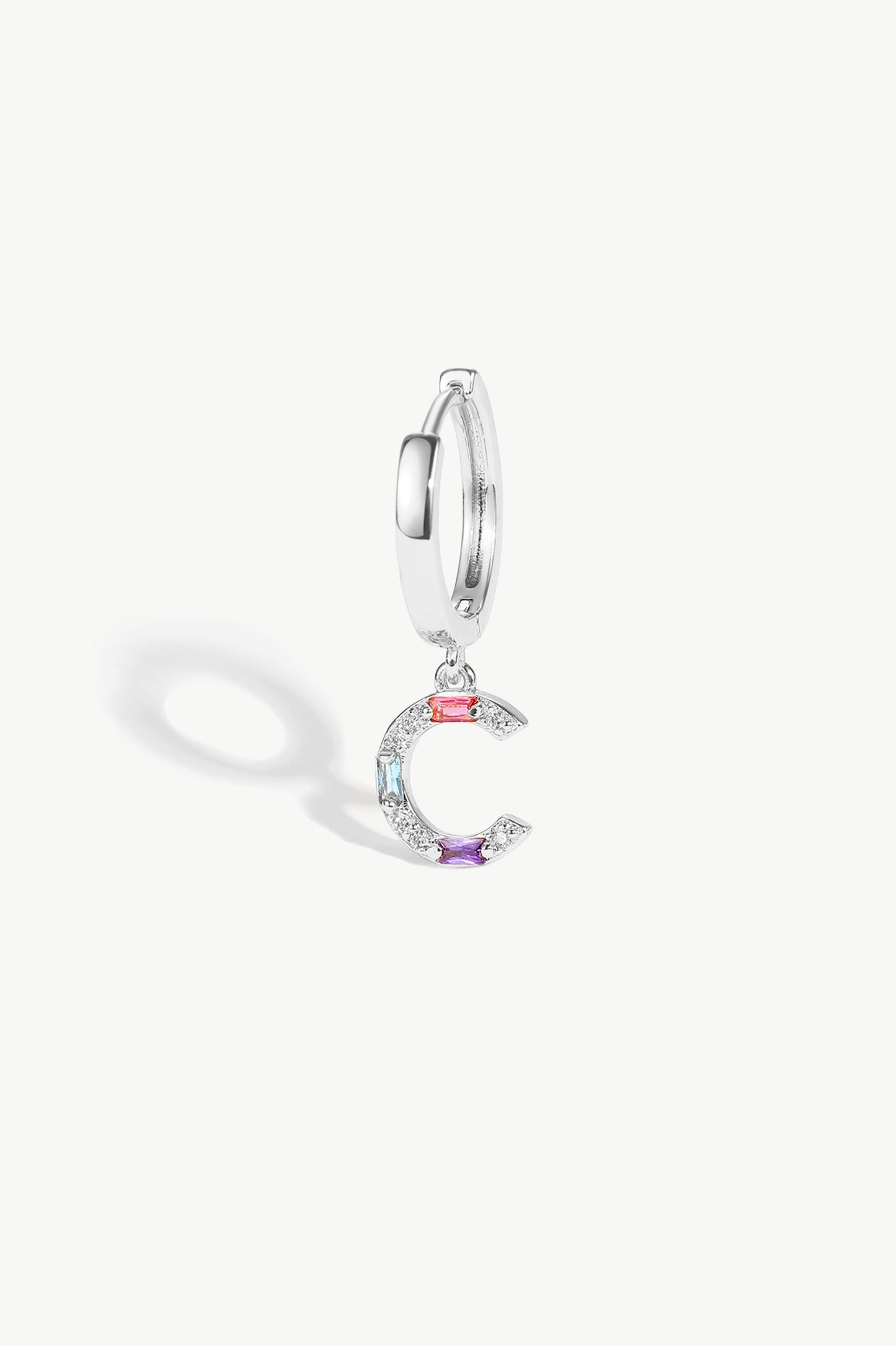 Single Silver Pav¨¦ Initial Charm Drop Huggie Hoop Earring - Classicharms