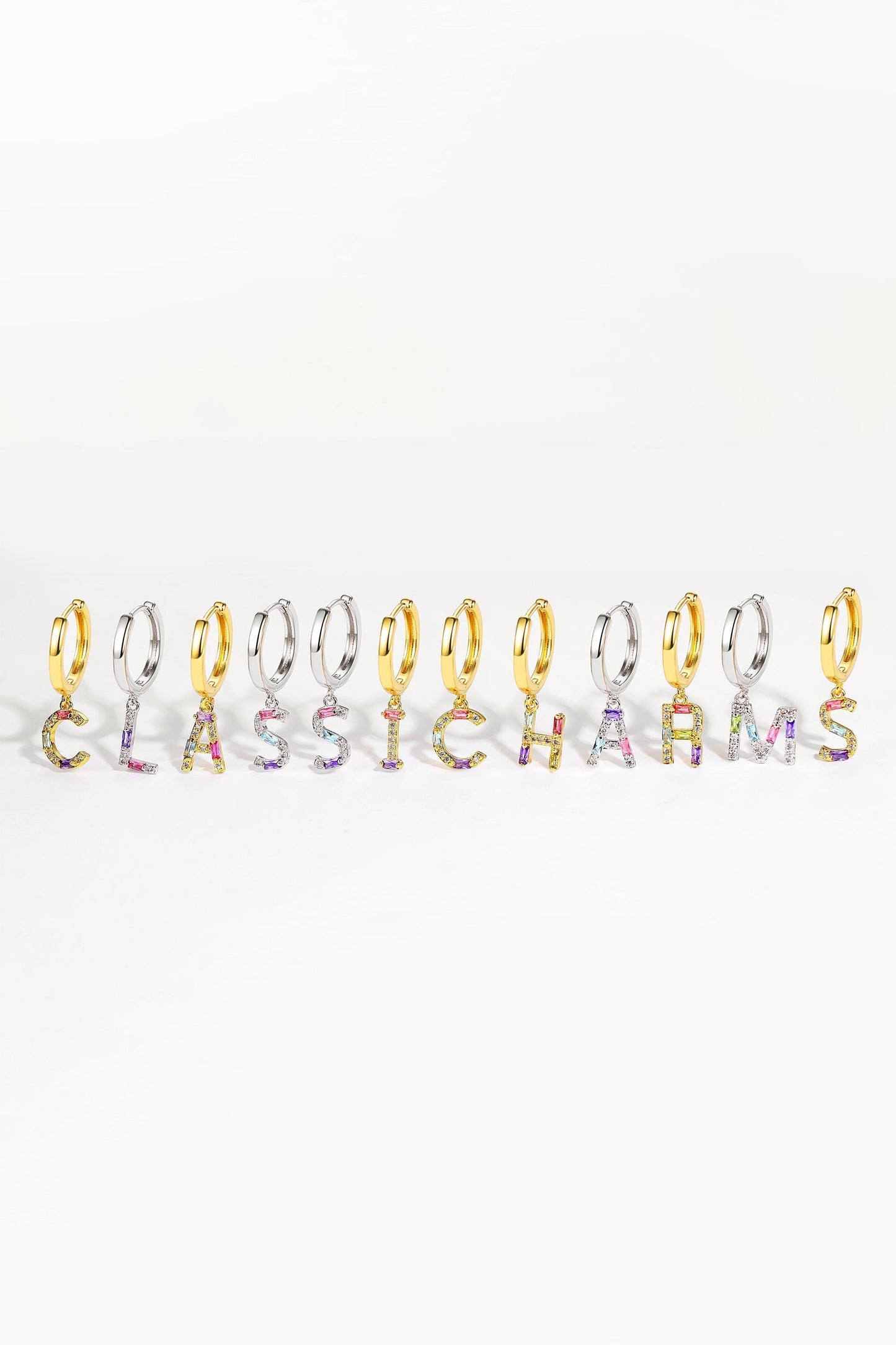 Single Silver Pav¨¦ Initial Charm Drop Huggie Hoop Earring - Classicharms