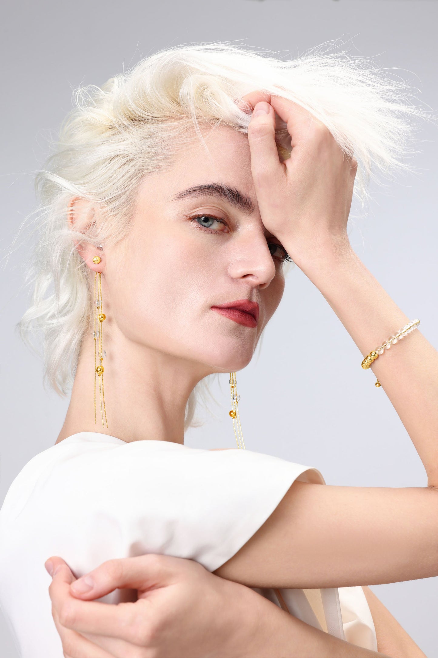 FrostLily Mini Clear Crystal and Gold Bead Drop Earrings