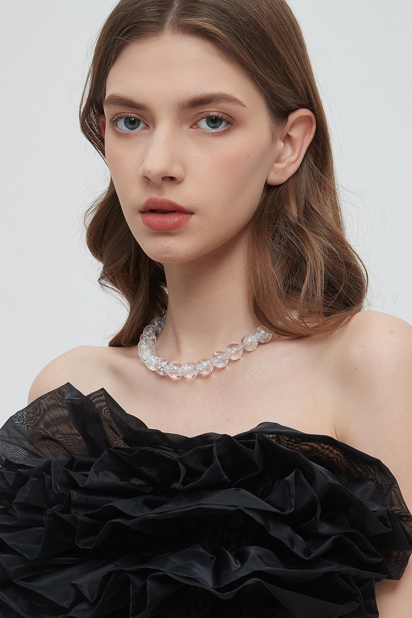 Frostnova Azeztulite Clear Phantom Large Crystal Sphere Necklace-Gold 14mm