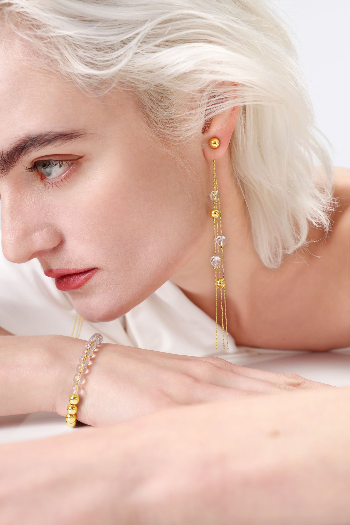 FrostLily Mini Clear Crystal and Gold Bead Drop Earrings