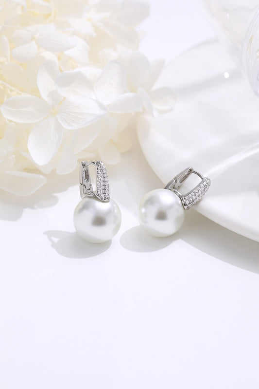 Pavé Diamonds Embellish Pearl Hoop Earrings-SILVER