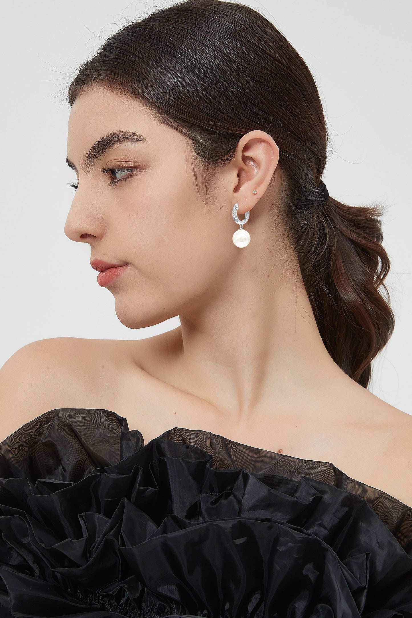 Silver Pav¨¦ Huggie Hoop Solitaire Pearl Drop Earrings