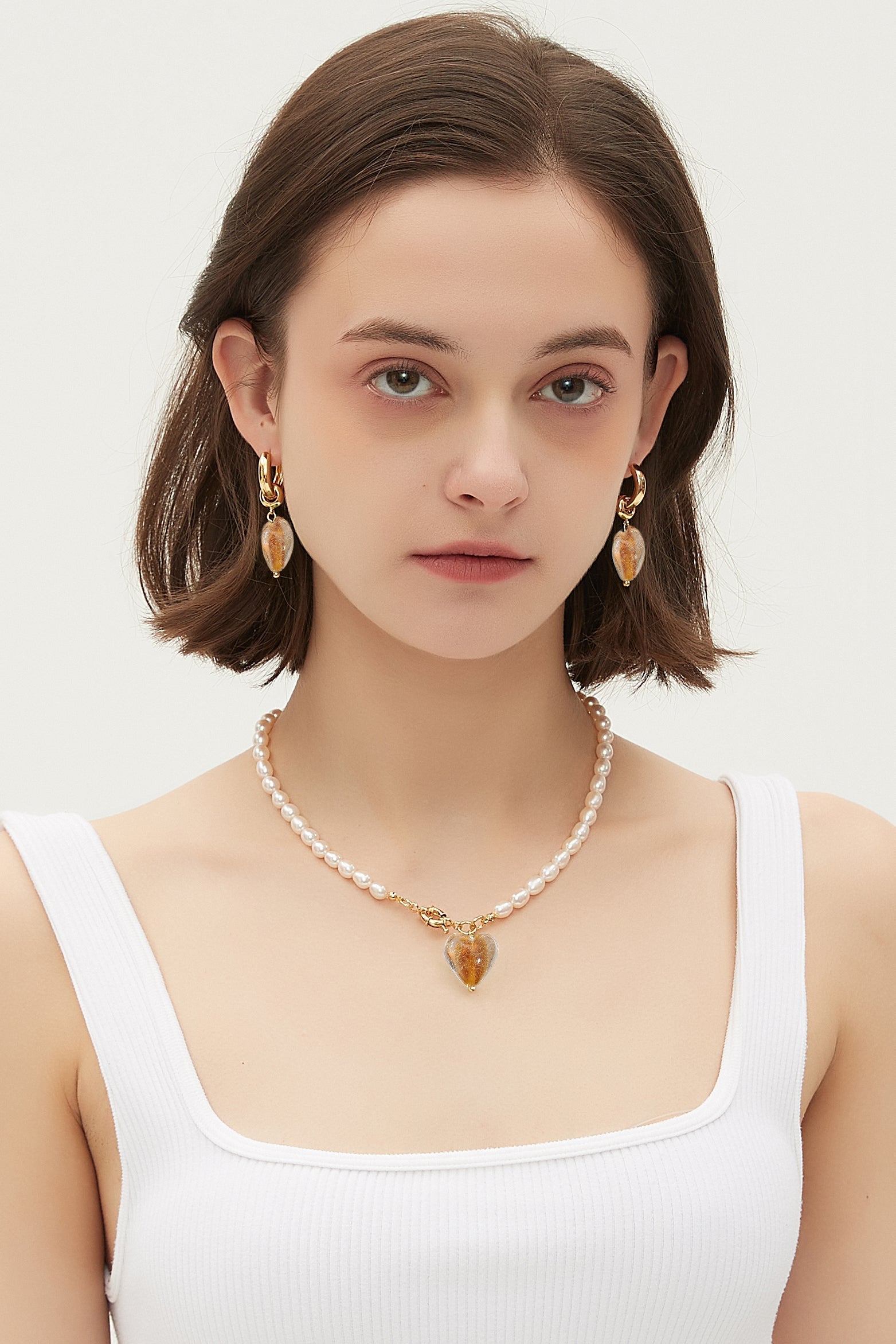 Esm¨¦e Amber Glaze Heart Pendant Pearl Necklace - Classicharms