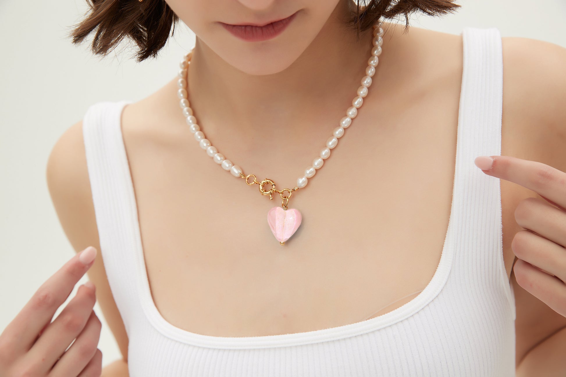 Esm¨¦e Pink Glaze Heart Pendant Pearl Necklace - Classicharms