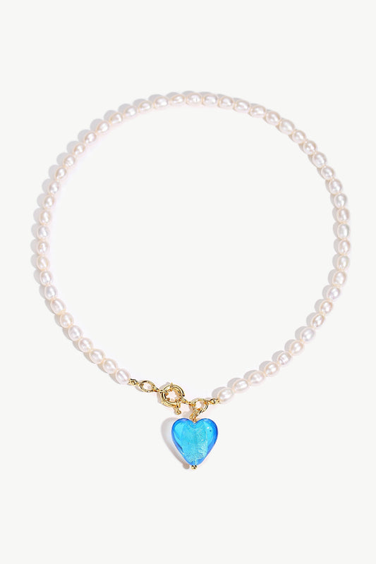 Esm¨¦e Sky Blue Glaze Heart Pendant Pearl Necklace - Classicharms