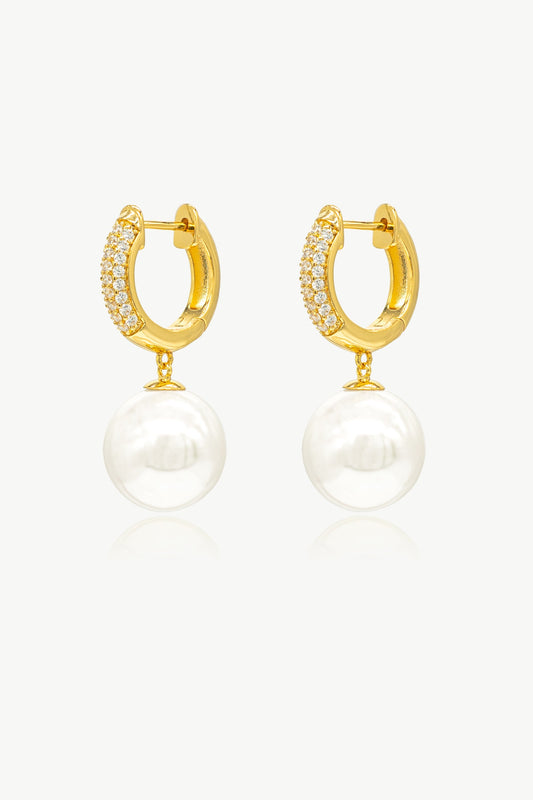 Gold Pav¨¦ Huggie Hoop Solitaire Pearl Drop Earrings - Classicharms
