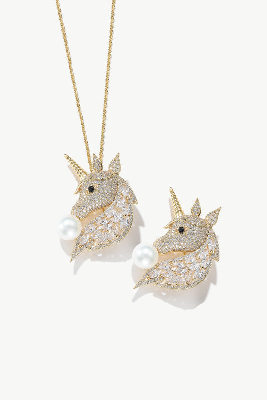 Gold Pav¨¦ Unicorn Brooch and Necklace Set - Classicharms