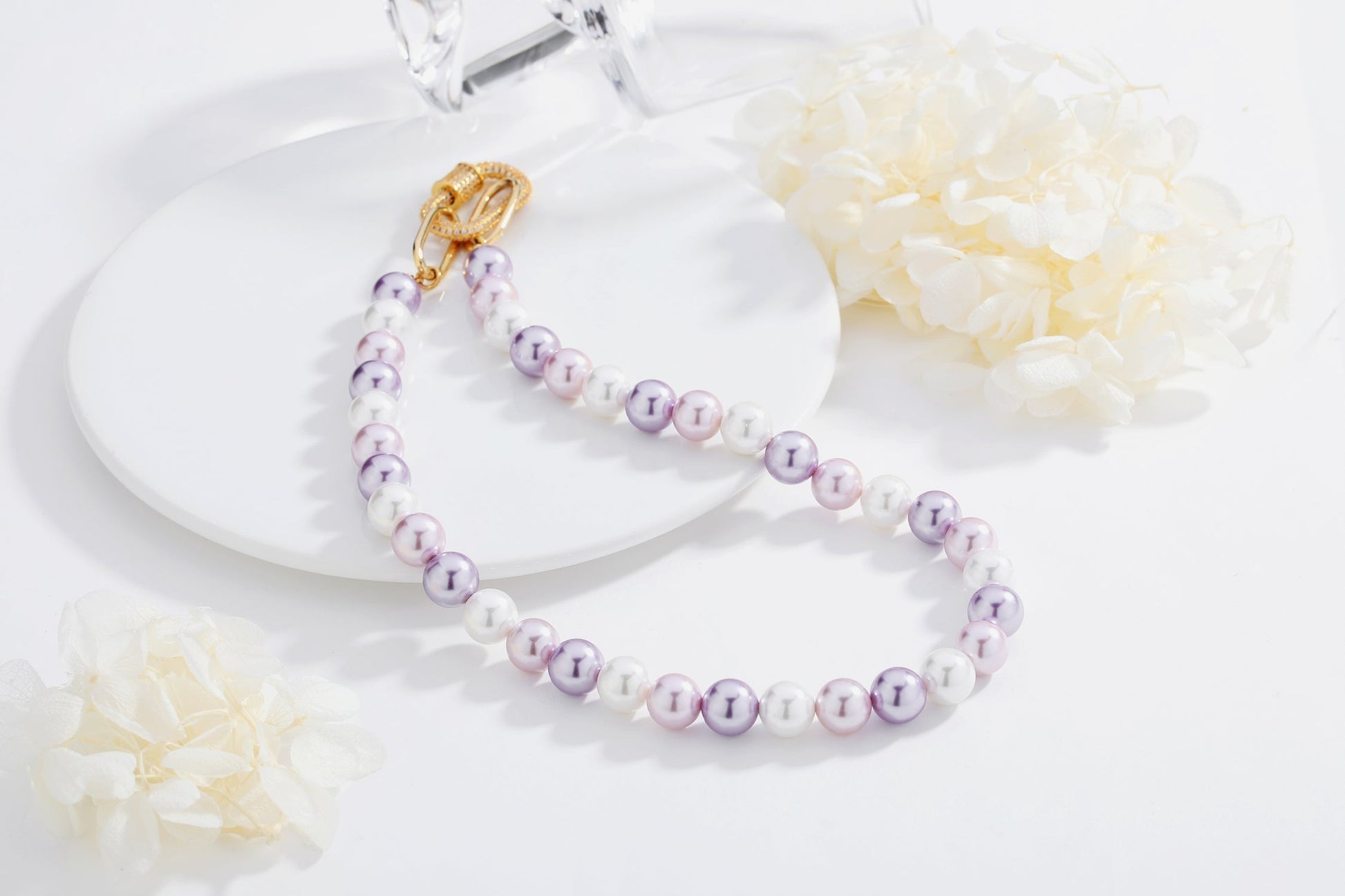 Purple Shell Pearl Necklace with Gem-Encrusted Carabiner Lock (Large) - Classicharms