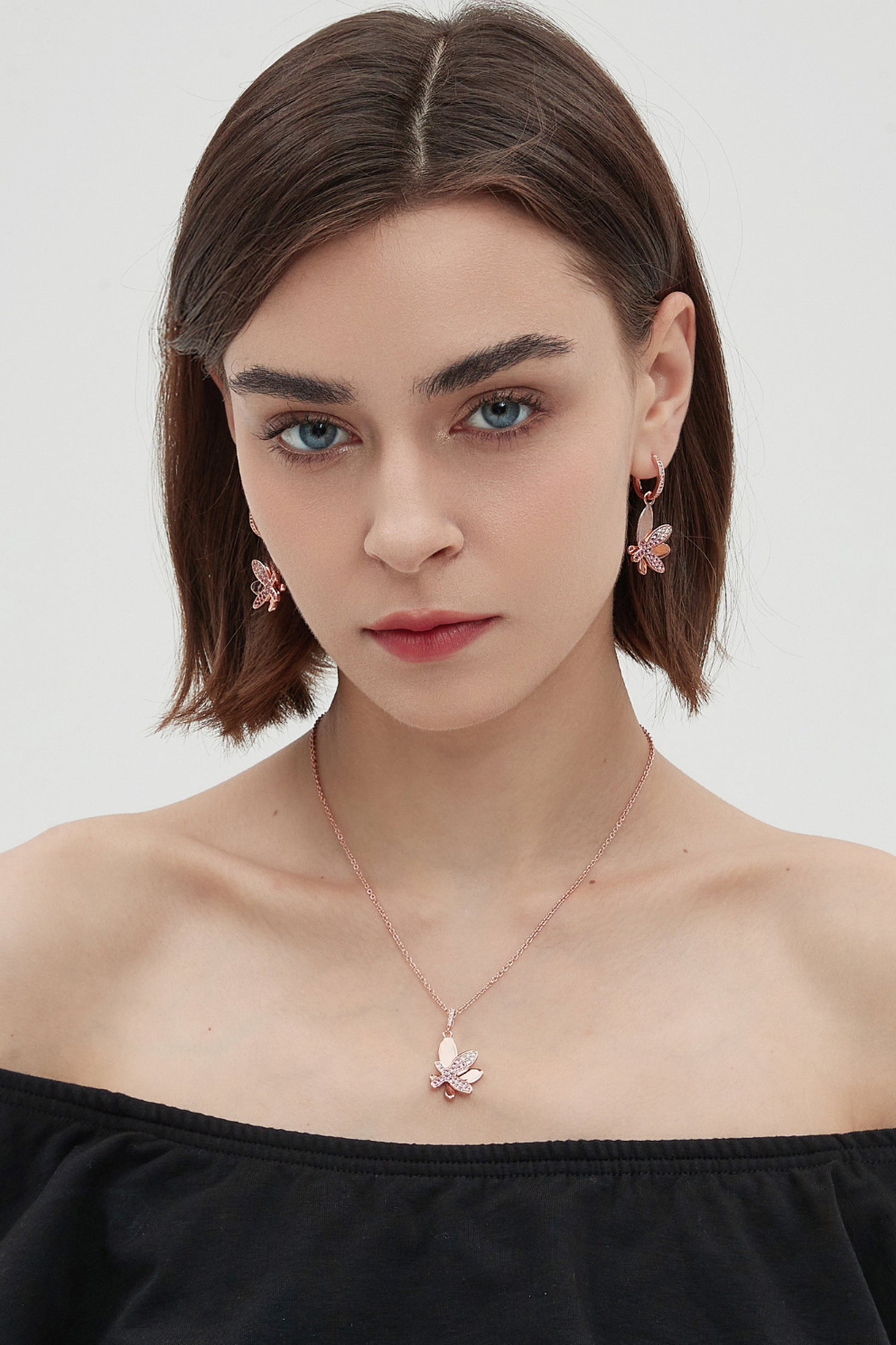 Rose Gold Gradient Pink Pav¨¦ Diamond Butterfly Dangle Drop Hoop Earrings - Classicharms