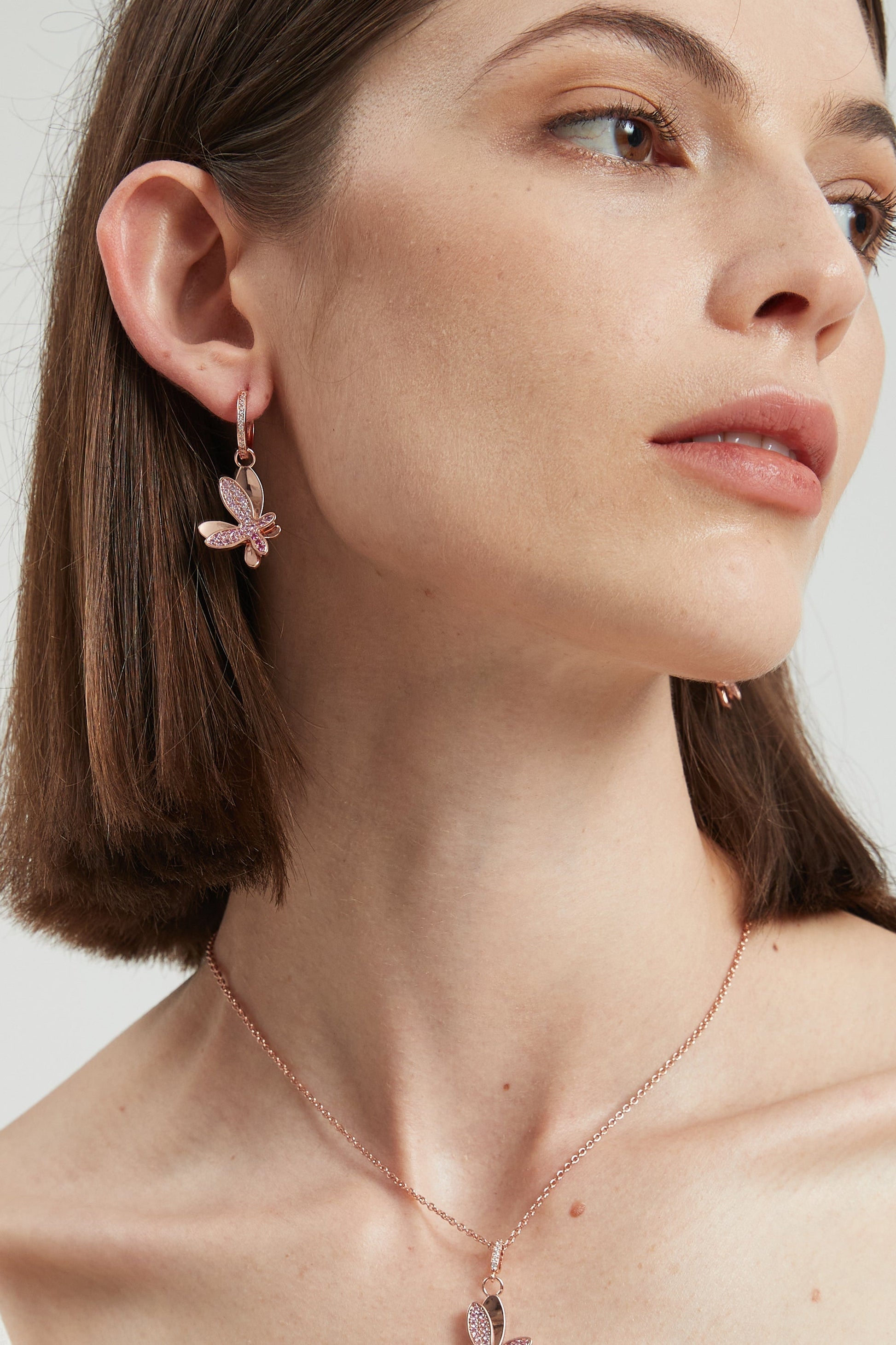 Rose Gold Gradient Pink Pav¨¦ Diamond Butterfly Dangle Drop Hoop Earrings - Classicharms