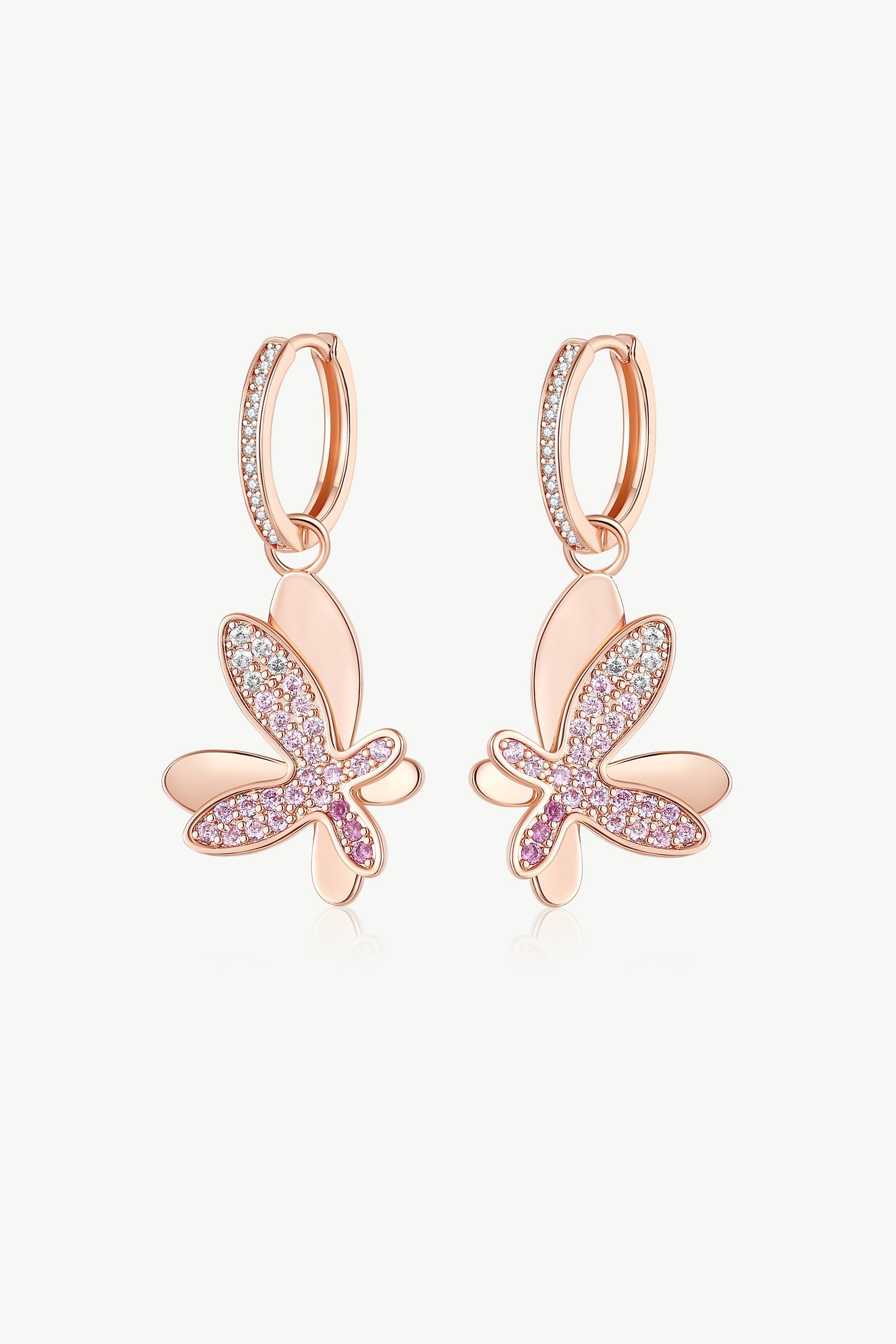 Rose Gold Gradient Pink Pav¨¦ Diamond Butterfly Dangle Drop Hoop Earrings - Classicharms
