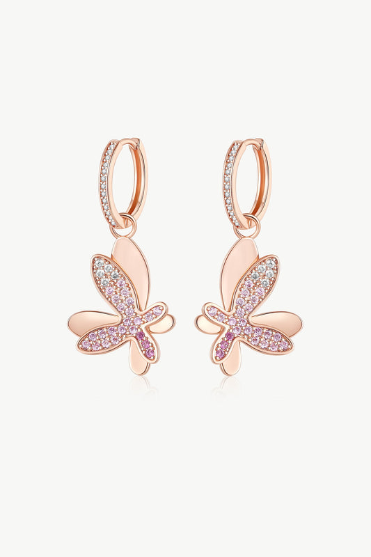Rose Gold Gradient Pink Pav¨¦ Diamond Butterfly Dangle Drop Hoop Earrings - Classicharms