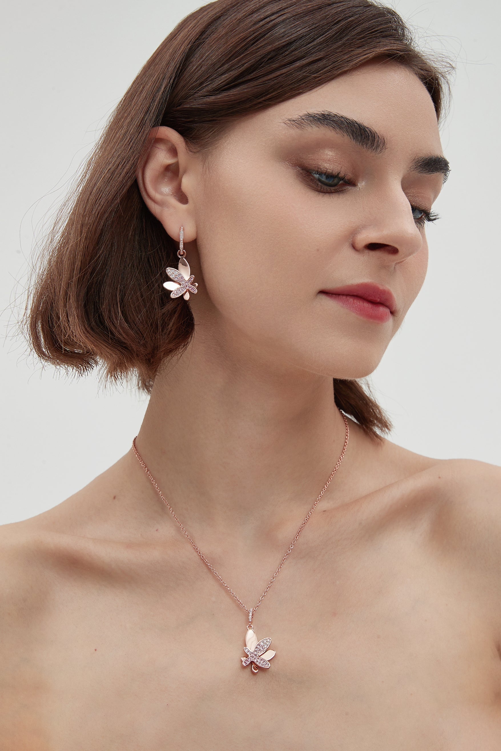 Rose Gold Gradient Pink Pav¨¦ Diamond Butterfly Pendant Necklace - Classicharms