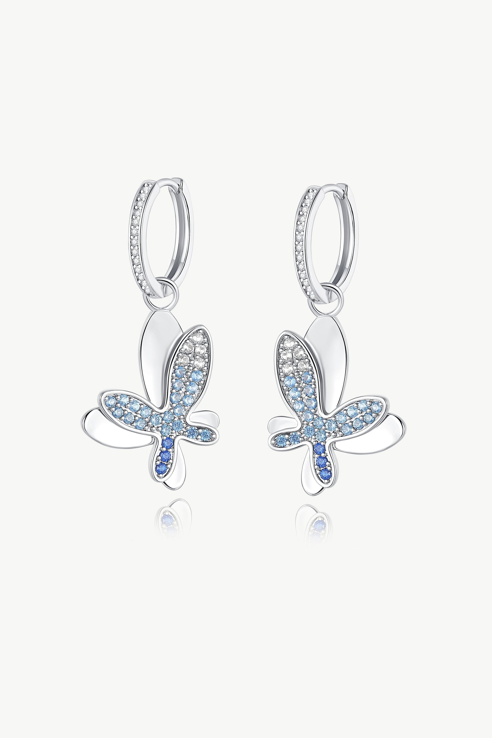 Silver Gradient Blue Pav¨¦ Diamond Butterfly Dangle Drop Hoop Earrings - Classicharms