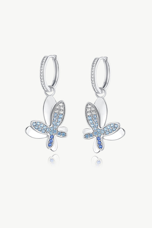 Silver Gradient Blue Pav¨¦ Diamond Butterfly Dangle Drop Hoop Earrings - Classicharms