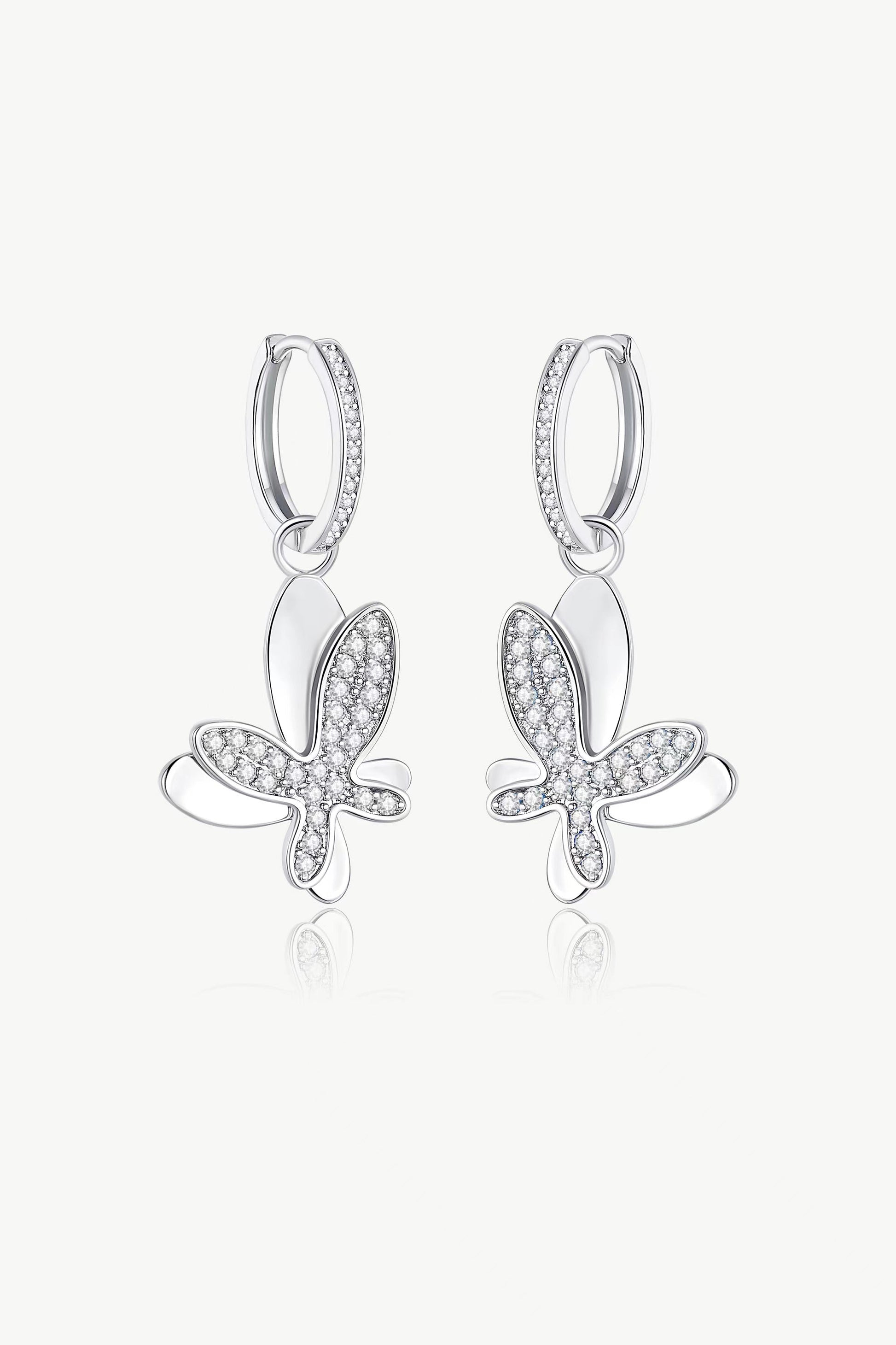 Silver Pav¨¦ Diamond Butterfly Dangle Drop Hoop Earrings - Classicharms