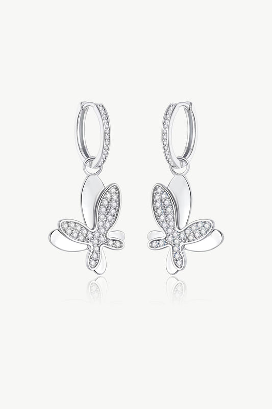 Silver Pav¨¦ Diamond Butterfly Dangle Drop Hoop Earrings - Classicharms