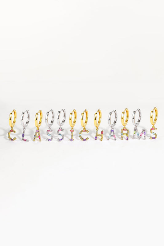 Single Silver Pav¨¦ Initial Charm Drop Huggie Hoop Earring - Classicharms